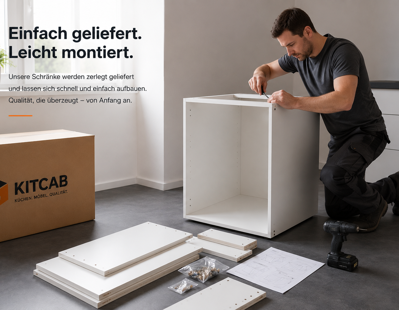 Kitcab Küchenschrank Eine Person montiert einen weißen Schrank in einer Werkstatt.